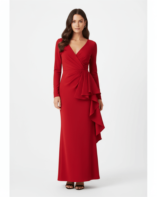 Badgley Mischka Red Front Ruffle Gown - Wind & Song