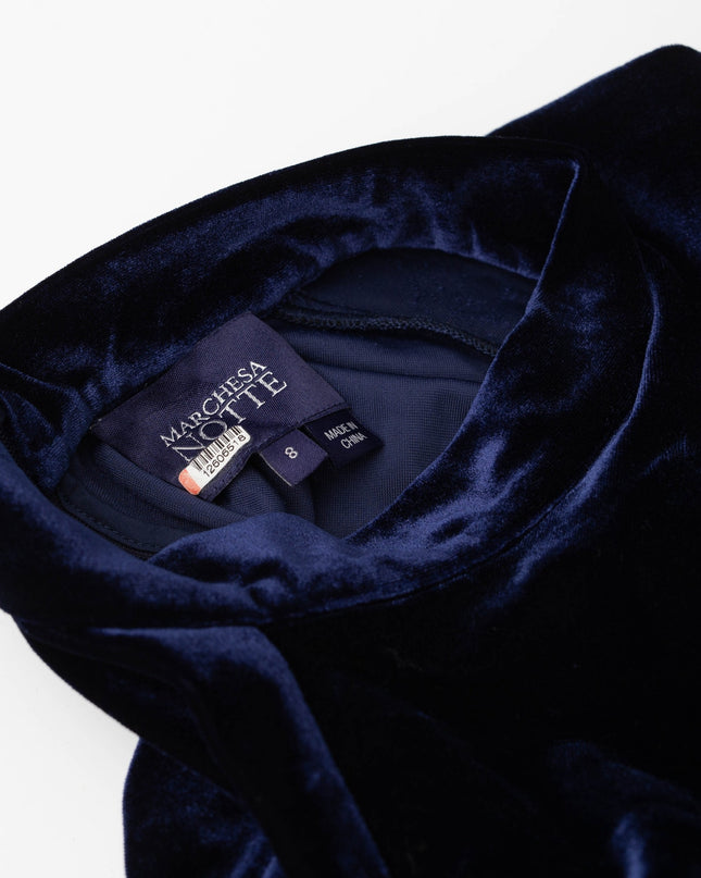 Marchesa Notte Blue Velvet High Neckline Gown