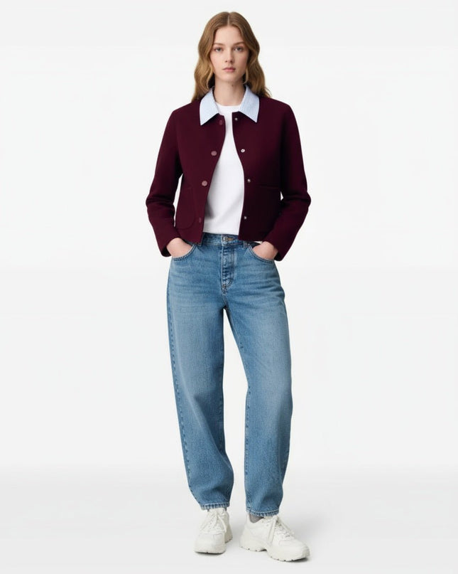 Claudie Pierlot Burgundy Striped Collar Cropped Wool Jacket - Wind & Song