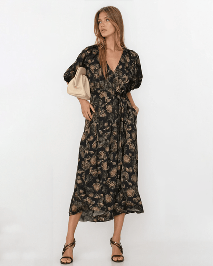 Co Puff Sleeve Black Printed Viscose Dress - Wind & Song