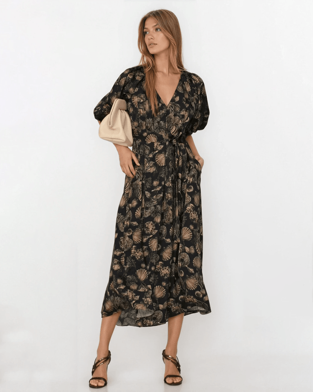Co Puff Sleeve Black Printed Viscose Dress - Wind & Song