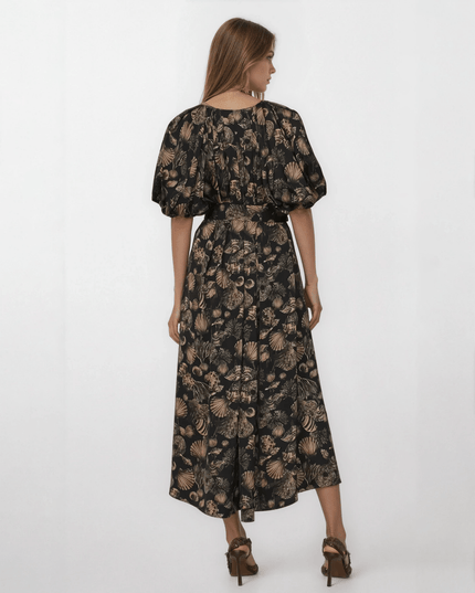 Co Puff Sleeve Black Printed Viscose Dress - Wind & Song