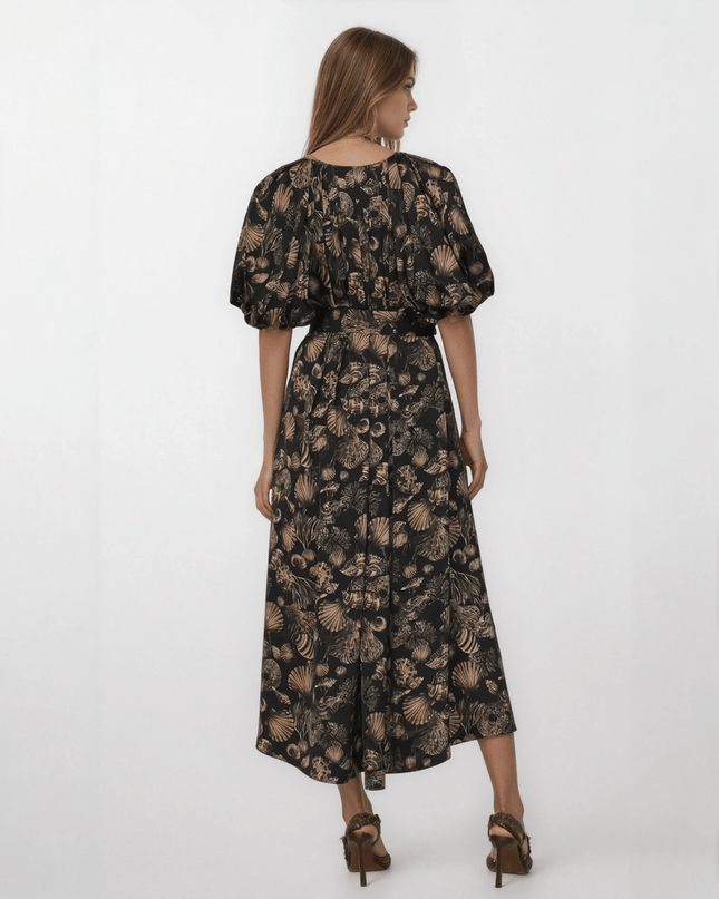Co Puff Sleeve Black Printed Viscose Dress - Wind & Song