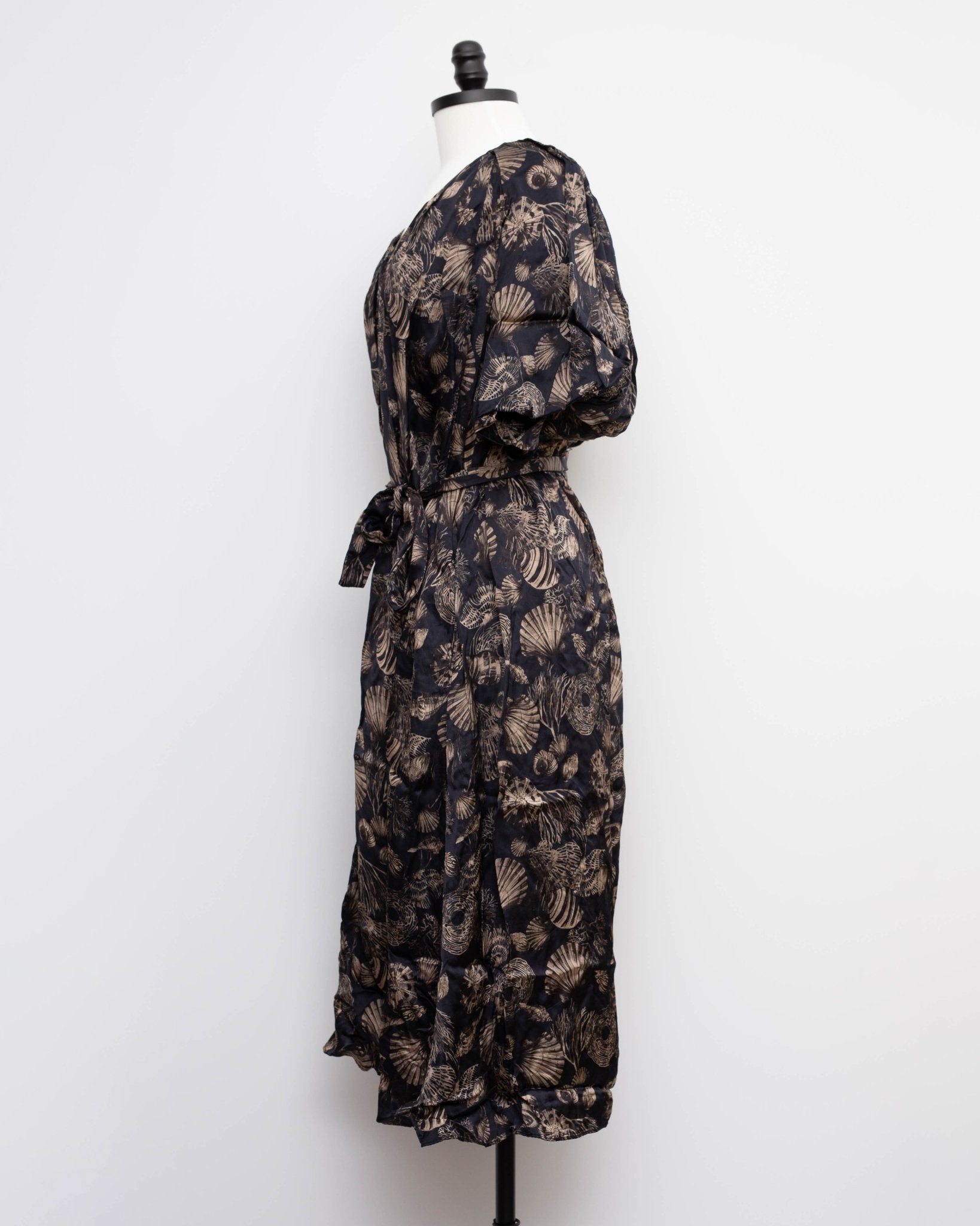 Co Puff Sleeve Black Printed Viscose Dress Size M - Wind & Song