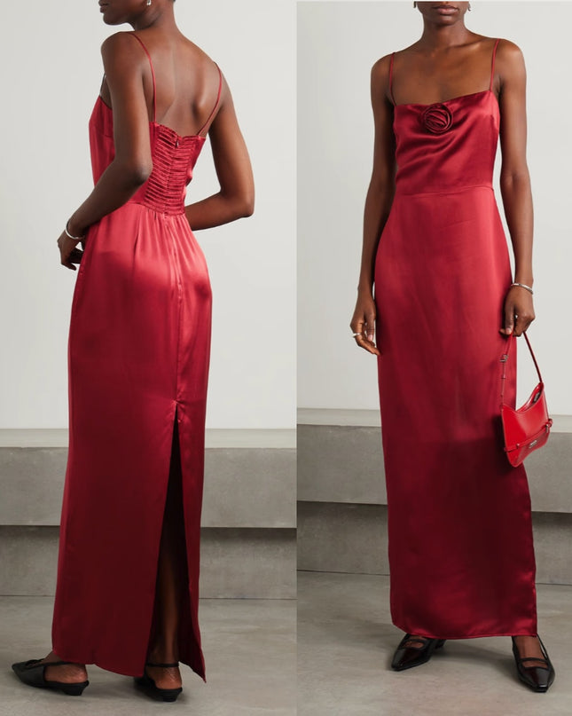 REFORMATION Red Frankie Rosette Sleeveless Silk Maxi Dress