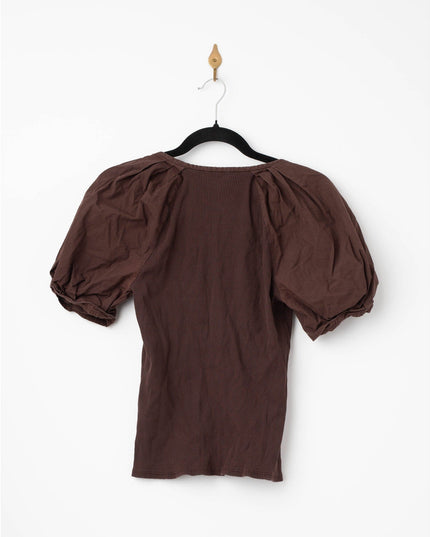 Derek Lam 10 Crosby Albane Puff Sleeve Top – Ribbed Knit & Woven Trim Short Sleeve Shirt - Wind & Song