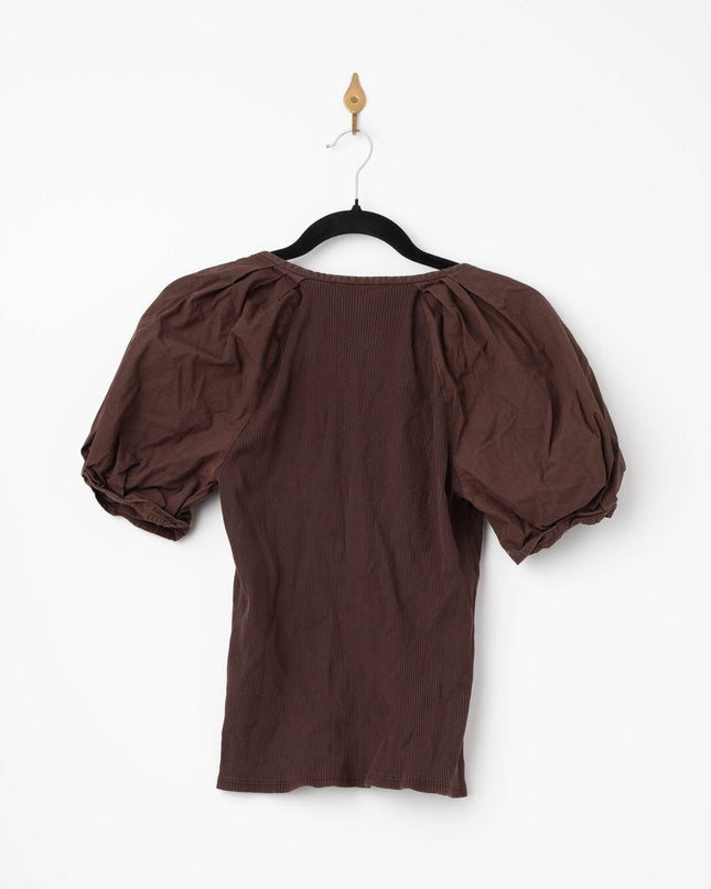 Derek Lam 10 Crosby Albane Puff Sleeve Top – Ribbed Knit & Woven Trim Short Sleeve Shirt - Wind & Song