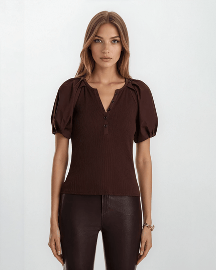 Derek Lam 10 Crosby Albane Puff Sleeve Top – Ribbed Knit & Woven Trim Short Sleeve Shirt - Wind & Song