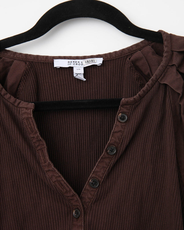 Derek Lam 10 Crosby Albane Puff Sleeve Top – Ribbed Knit & Woven Trim Short Sleeve Shirt - Wind & Song