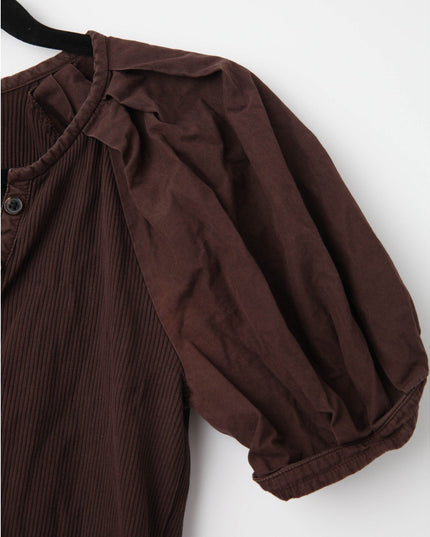 Derek Lam 10 Crosby Albane Puff Sleeve Top – Ribbed Knit & Woven Trim Short Sleeve Shirt - Wind & Song