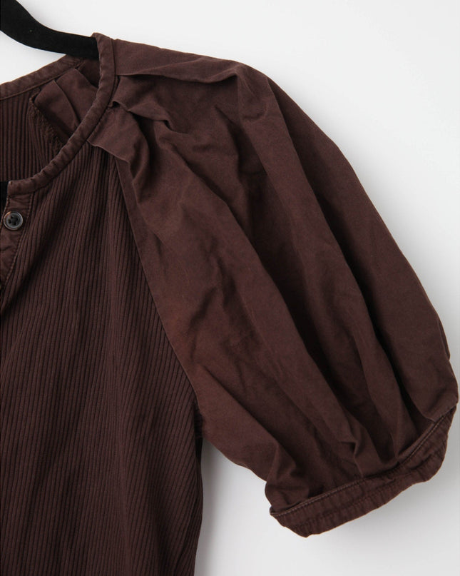 Derek Lam 10 Crosby Albane Puff Sleeve Top – Ribbed Knit & Woven Trim Short Sleeve Shirt - Wind & Song