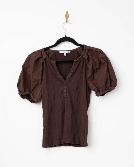 Derek Lam 10 Crosby Albane Puff Sleeve Top – Ribbed Knit & Woven Trim Short Sleeve Shirt - Wind & Song