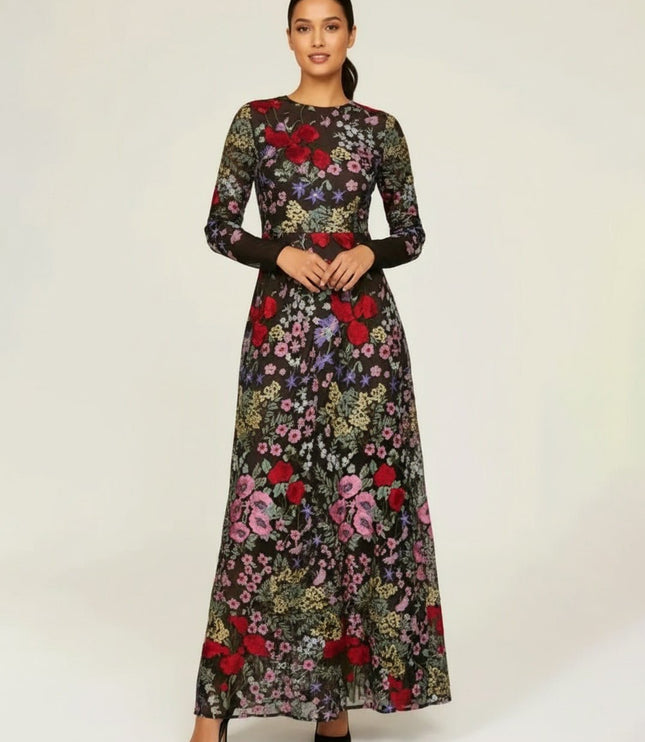 Dress The Population Floral Mesh Ava Gown - Wind & Song