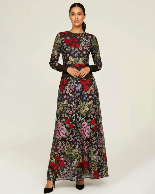 Dress The Population Floral Mesh Ava Gown - Wind & Song