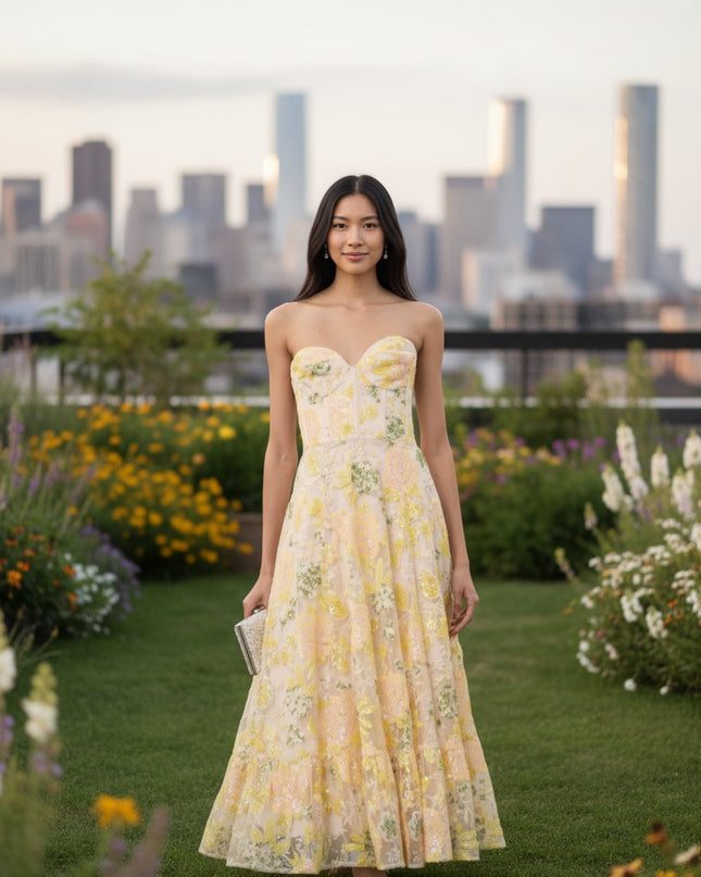 Dress The Population Yellow Floral Carina Dress