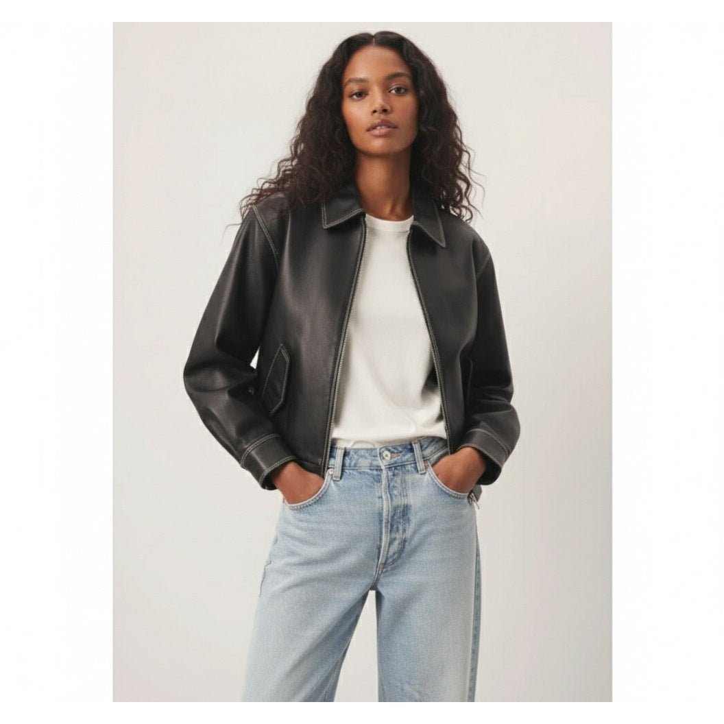 DUNST Black Leather Unisex Bomber Jacket - Wind & Song