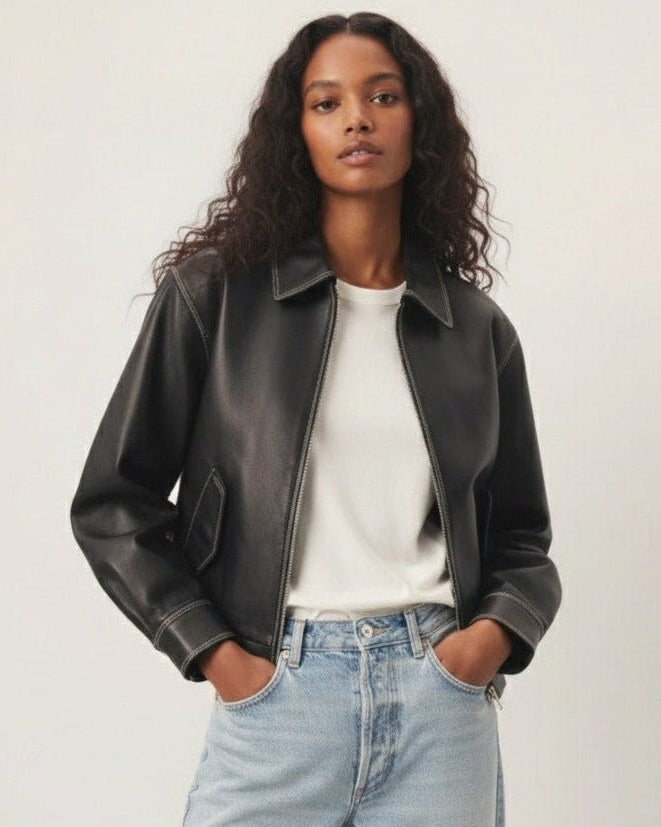 DUNST Black Leather Unisex Bomber Jacket - Wind & Song