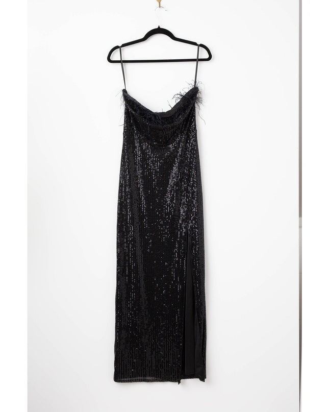Elle Zeitoune Black Feathered Strapless Sequin Gown - Wind & Song