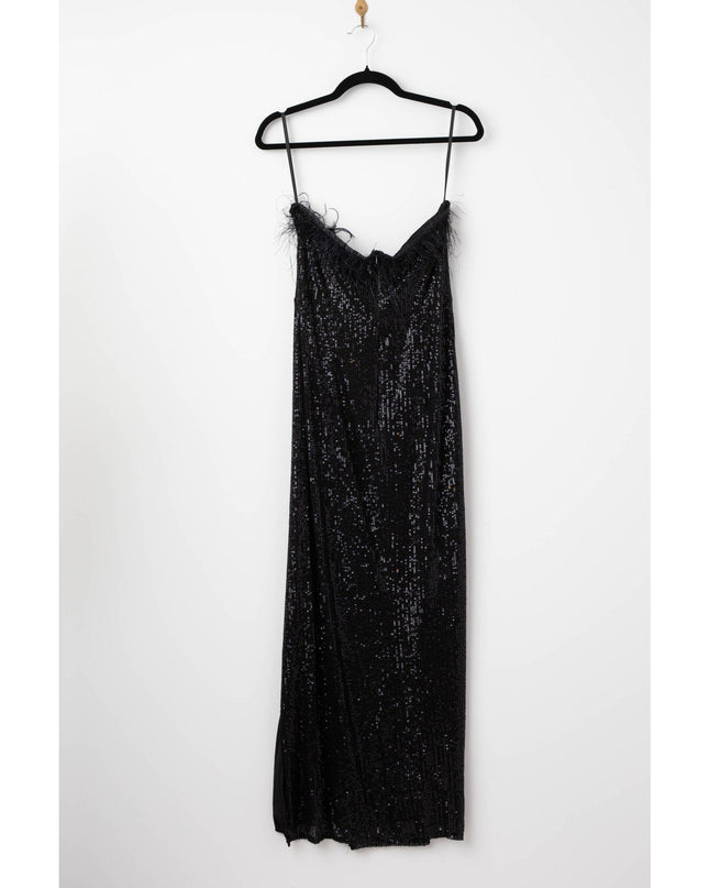 Elle Zeitoune Black Feathered Strapless Sequin Gown - Wind & Song