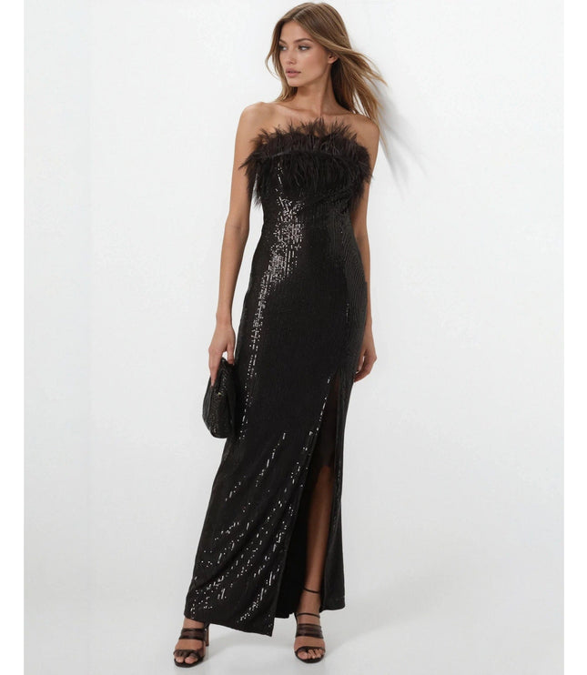 Elle Zeitoune Black Feathered Strapless Sequin Gown - Wind & Song