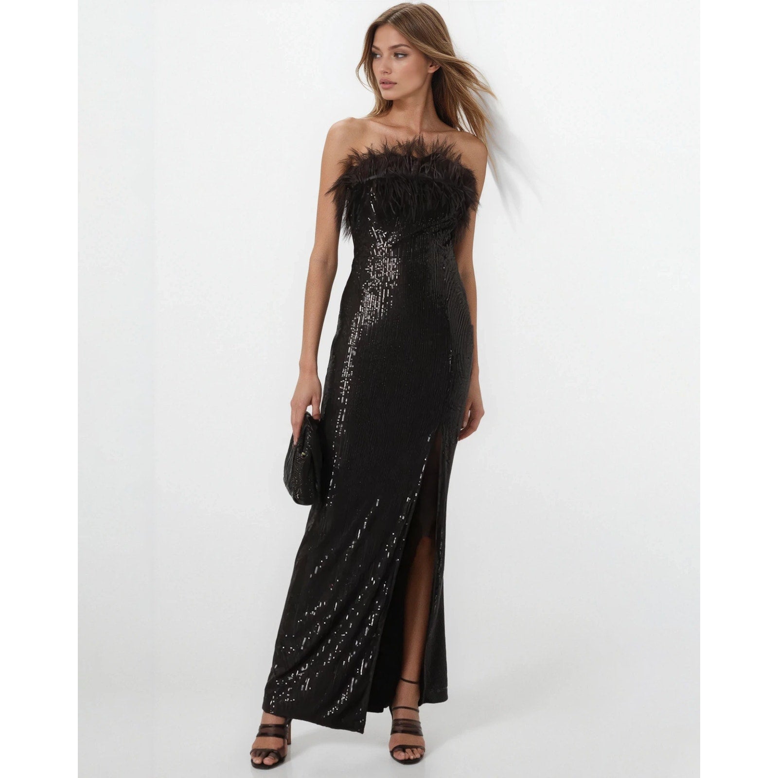Elle Zeitoune Black Feathered Strapless Sequin Gown - Wind & Song