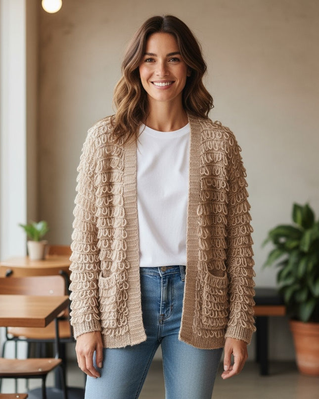 The Great. The Short Monster Loop Knit Cardigan Sweater Open Front TanAIAI