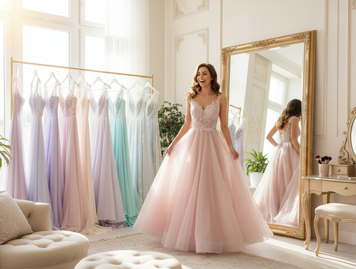 girl in front of mirror trying out dresses for a wedding party- light image