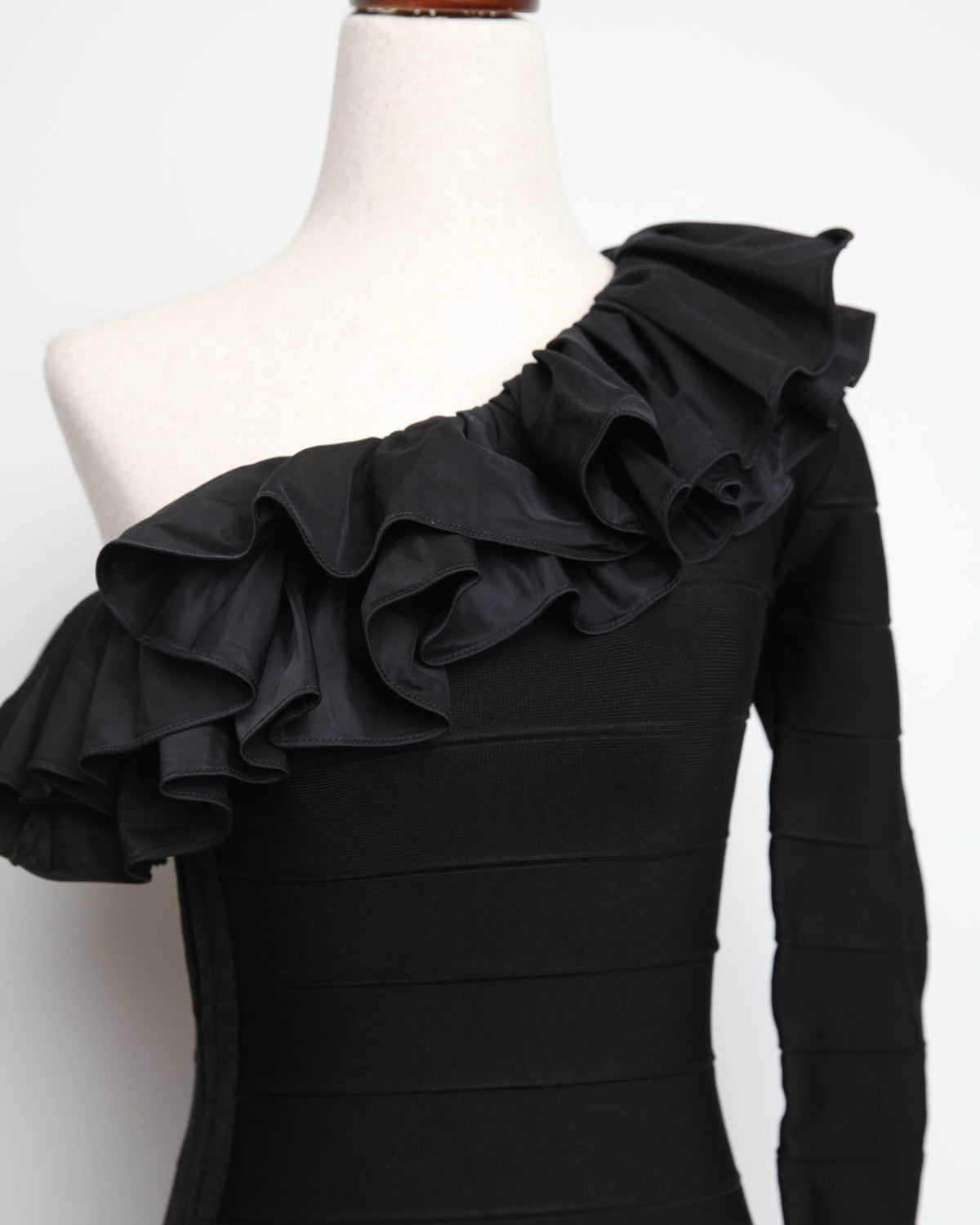 Hervé Léger Asymmetrical Ruffle Gown in Black - Pre-owned - Wind & Song