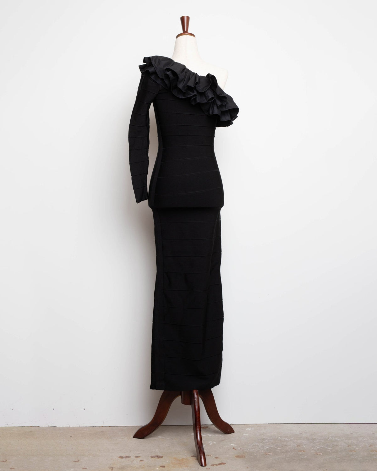 Hervé Léger Asymmetrical Ruffle Gown in Black - Pre-owned - Wind & Song