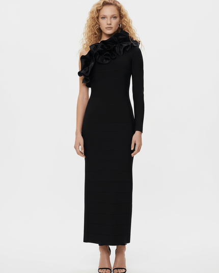 Hervé Léger Asymmetrical Ruffle Gown in Black Size S - Wind & Song