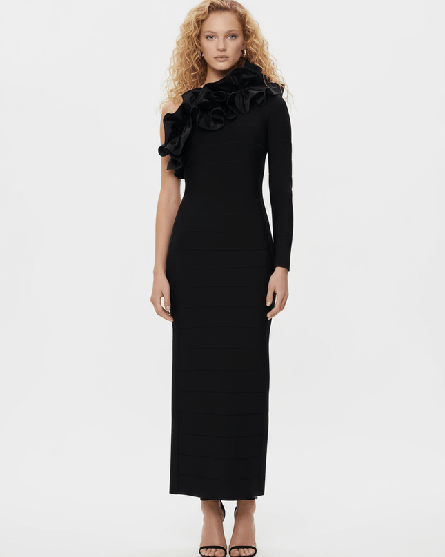 Hervé Léger Asymmetrical Ruffle Gown in Black Size S - Wind & Song