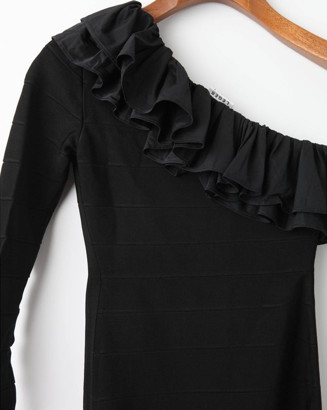 Hervé Léger Asymmetrical Ruffle Gown in Black Size S - Wind & Song