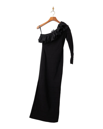Hervé Léger Asymmetrical Ruffle Gown in Black Size S - Wind & Song