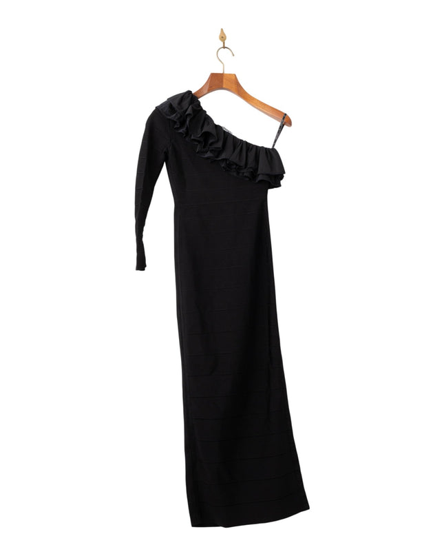 Hervé Léger Asymmetrical Ruffle Gown in Black Size S - Wind & Song