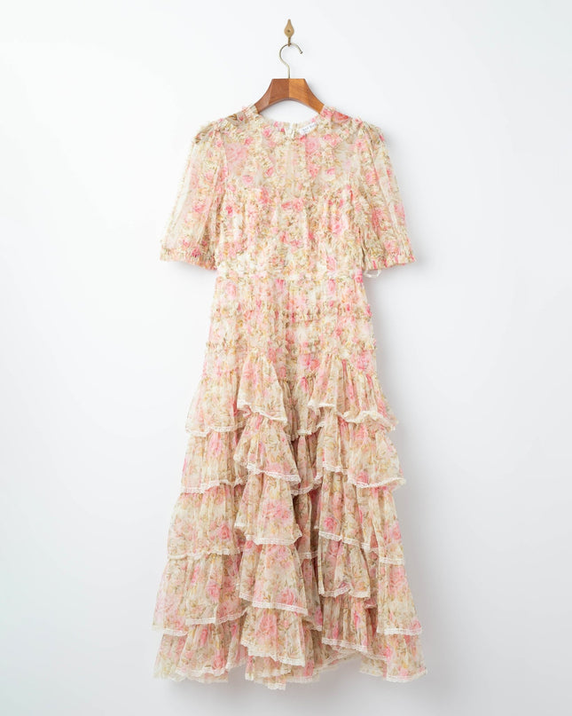 Ieena for Mac Duggal Beige Floral High Neck Midi Dress with Lace Trim - Wind & Song