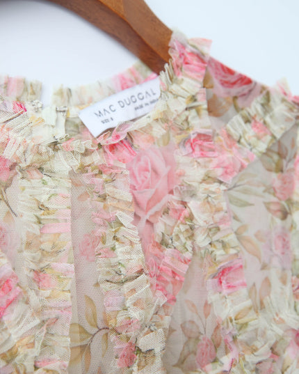 Ieena for Mac Duggal Beige Floral High Neck Midi Dress with Lace Trim - Wind & Song