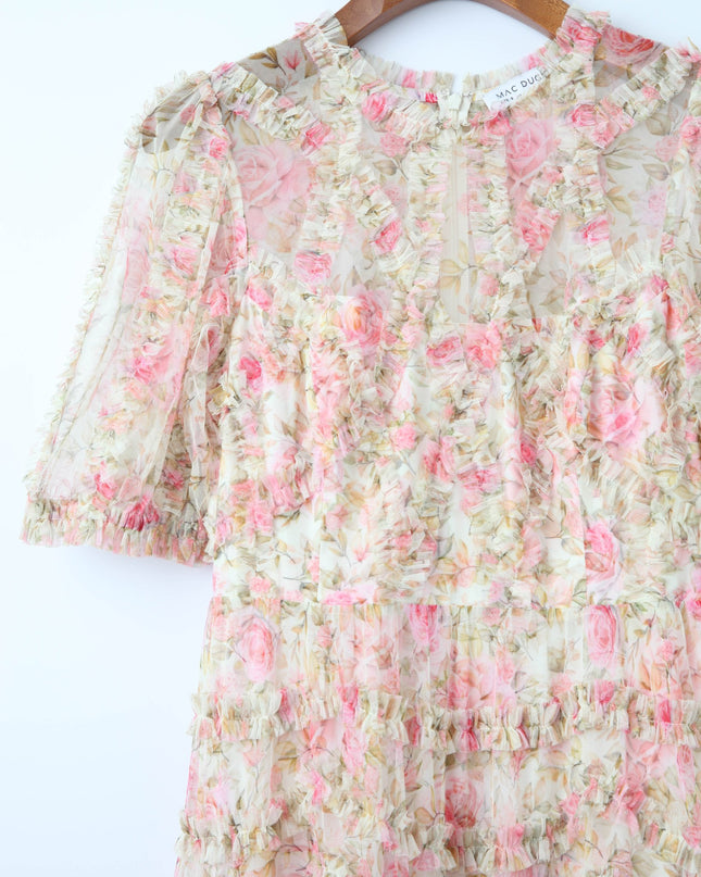 Ieena for Mac Duggal Beige Floral High Neck Midi Dress with Lace Trim - Wind & Song