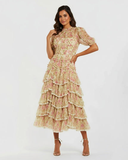 Ieena for Mac Duggal Beige Floral High Neck Midi Dress with Lace Trim - Wind & Song