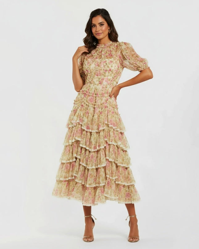 Ieena for Mac Duggal Beige Floral High Neck Midi Dress with Lace Trim - Wind & Song