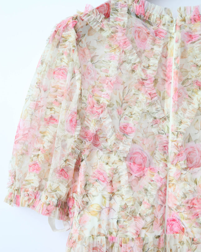 Ieena for Mac Duggal Beige Floral High Neck Midi Dress with Lace Trim - Wind & Song