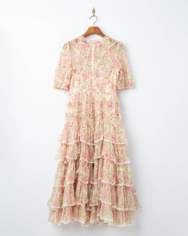 Ieena for Mac Duggal Beige Floral High Neck Midi Dress with Lace Trim - Wind & Song