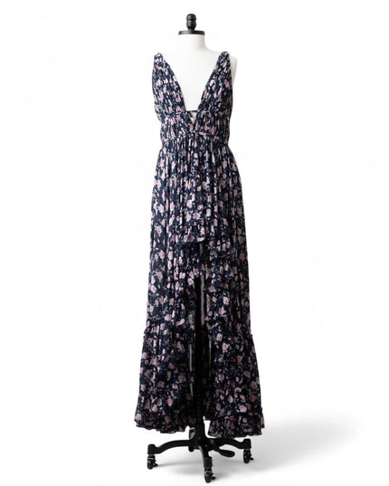 Ieena for Mac Duggal Floral Ruffled Gown in Navy - Wind & Song