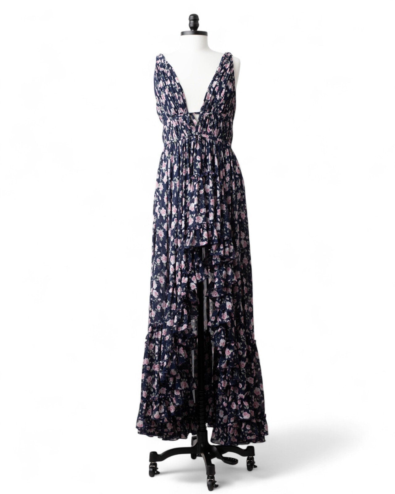 Ieena for Mac Duggal Floral Ruffled Gown in Navy - Wind & Song