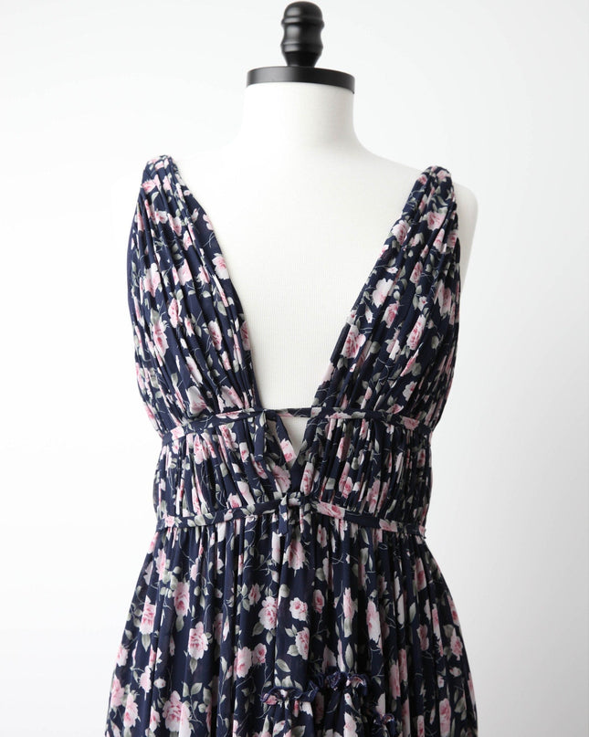 Ieena for Mac Duggal Floral Ruffled Gown in Navy - Wind & Song