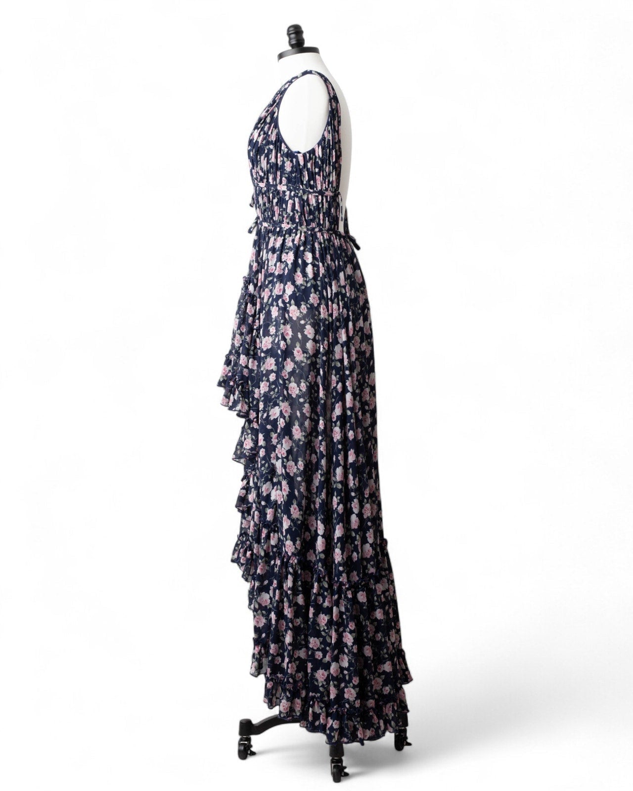 Ieena for Mac Duggal Floral Ruffled Gown in Navy - Wind & Song