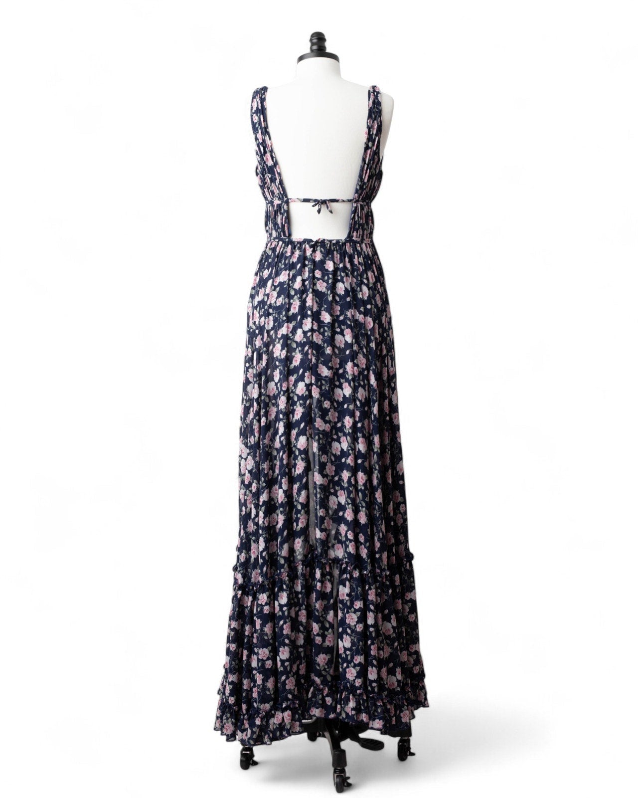 Ieena for Mac Duggal Floral Ruffled Gown in Navy - Wind & Song