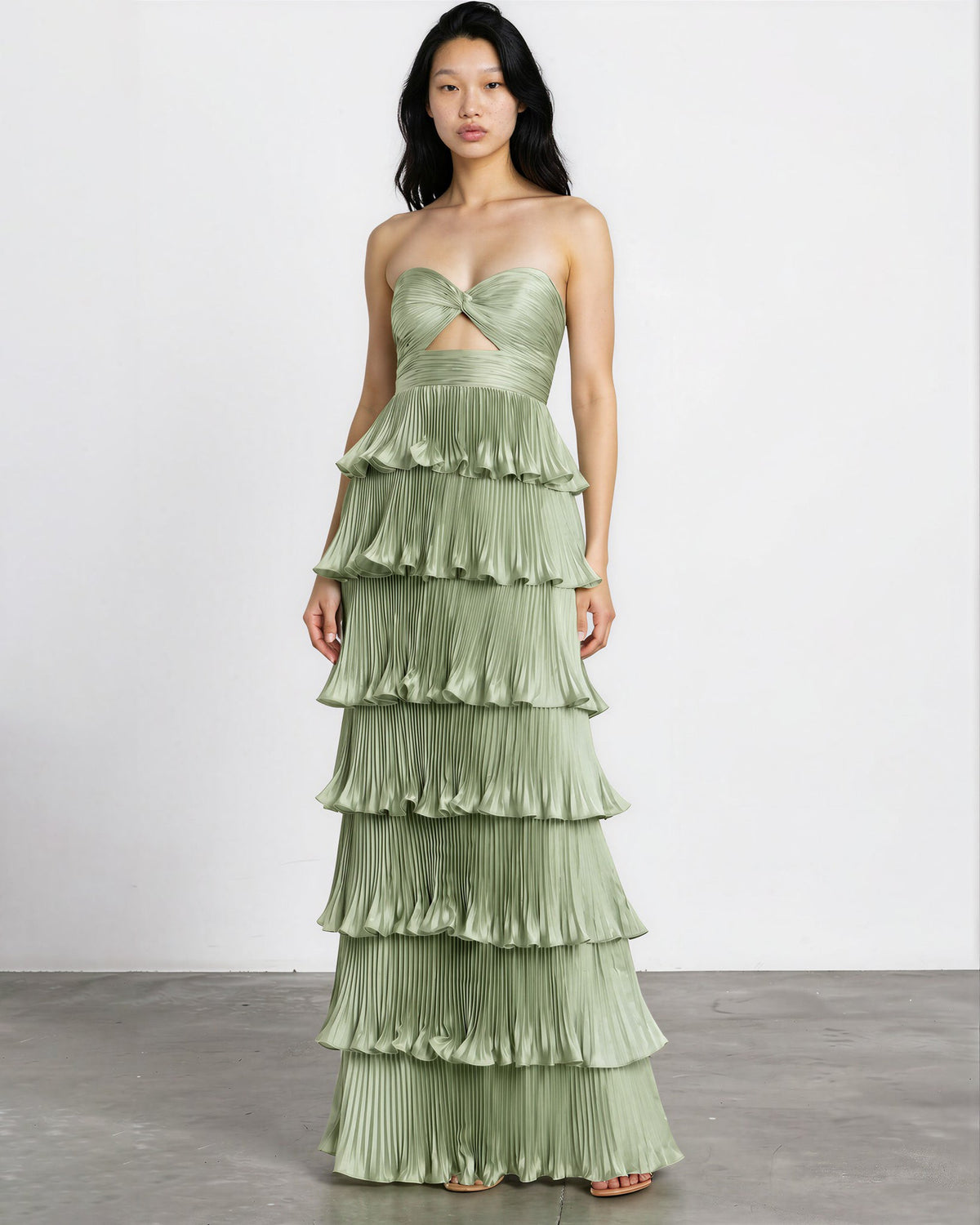 Ieena for Mac Duggal Green Pleated Tiered Ruffle Gown — Size 4 - Wind & Song