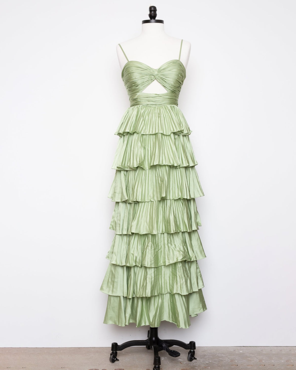 Ieena for Mac Duggal Green Pleated Tiered Ruffle Gown — Size 4 - Wind & Song