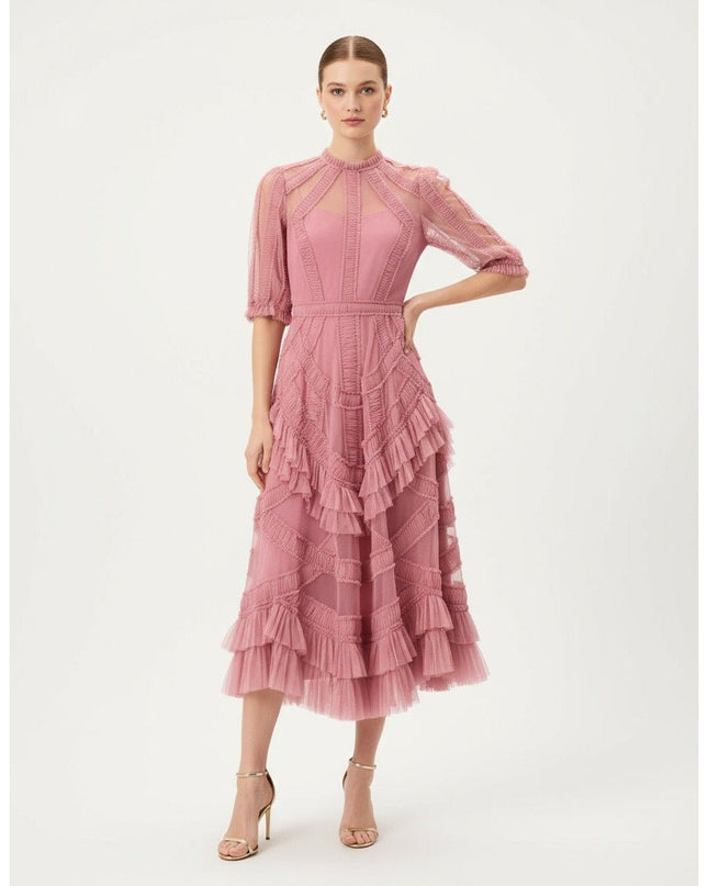 Ieena for Mac Duggal High Neck Puff Sleeve Ruffle Tiered Dress - Wind & Song