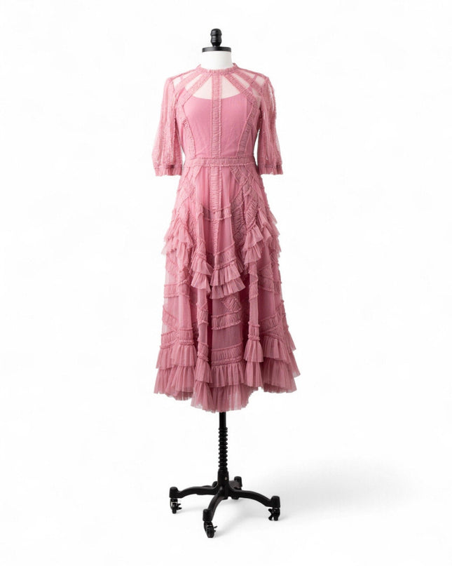 Ieena for Mac Duggal High Neck Puff Sleeve Ruffle Tiered Dress - Wind & Song